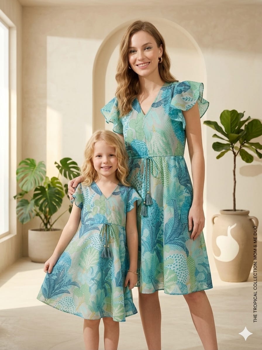 Mom & Me Sky Blue Jaal Printed Chanderi Umbrella Style A-Line Dress with Drawstring Waist