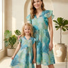 Mom & Me Sky Blue Jaal Printed Chanderi Umbrella Style A-Line Dress with Drawstring Waist