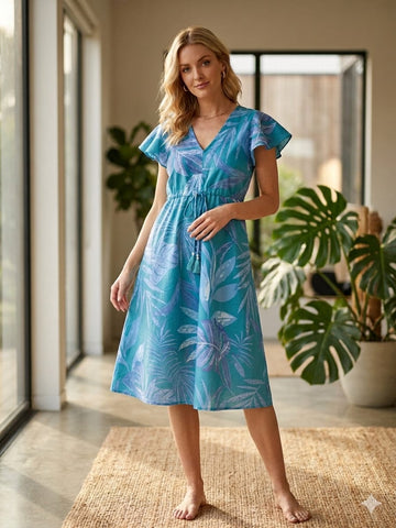 Women’s Blue Leaf Printed Cotton Umbrella Style A-Line Dress with Drawstring Waist