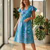 Women’s Blue Leaf Printed Cotton Umbrella Style A-Line Dress with Drawstring Waist