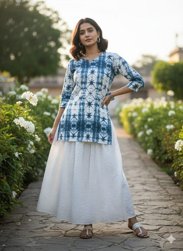 Women’s Blue Tie-Dye Rayon Kurta Set with Chikankari Flared Skirt