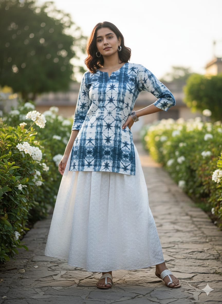 Women’s Blue Tie-Dye Rayon Kurta Set with Chikankari Flared Skirt