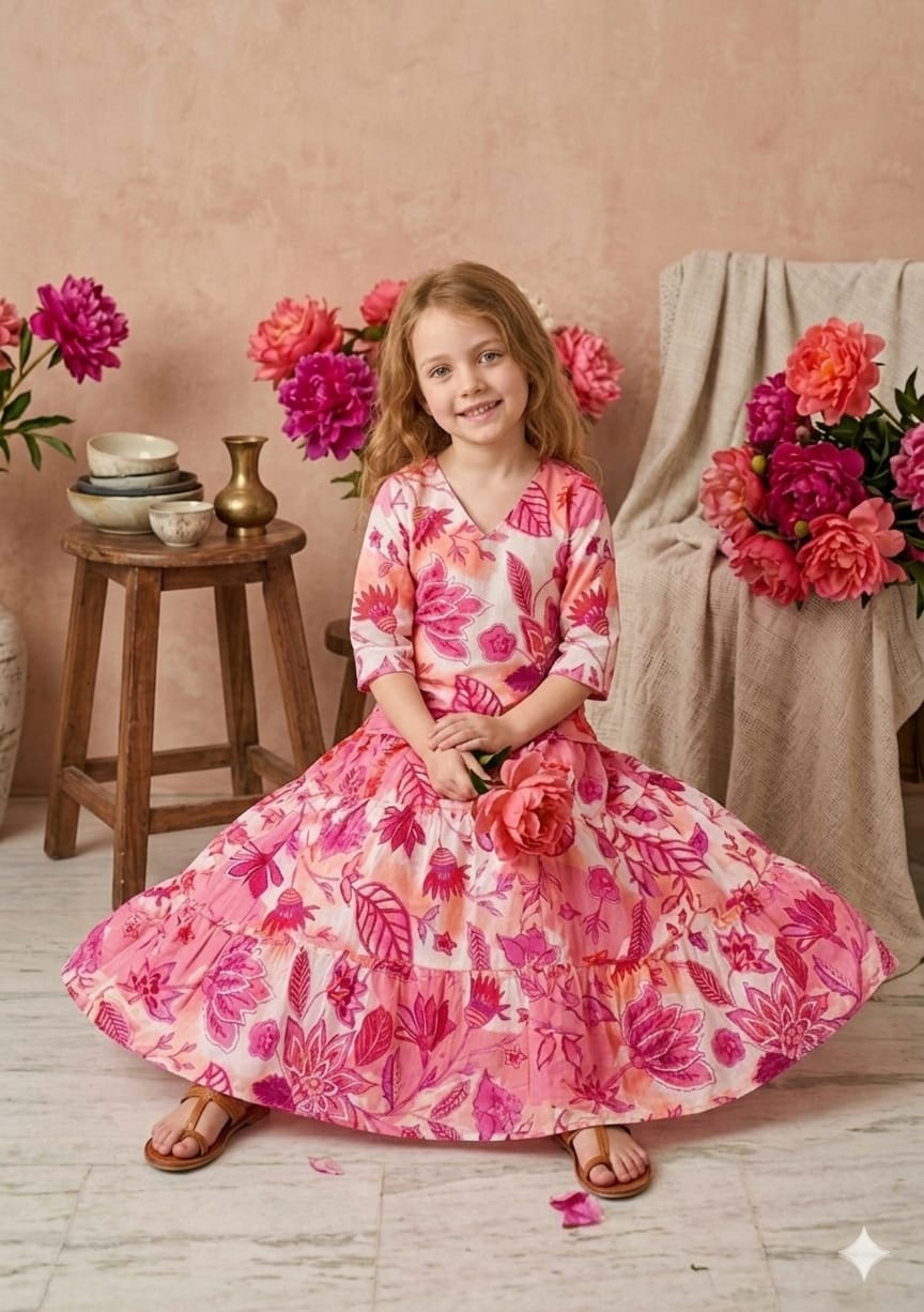 Baby Girls Pink Floral Printed Cotton Kurta with Flared Skirt Set