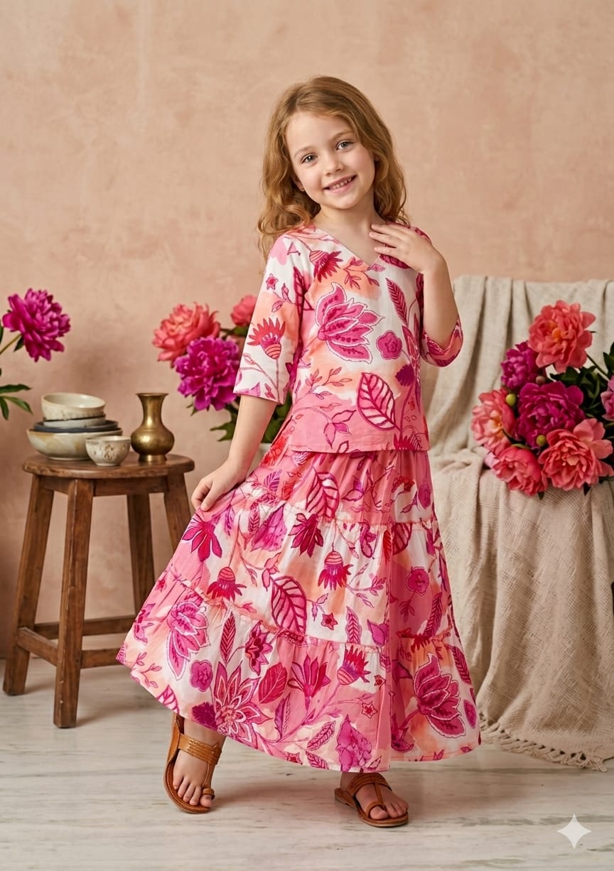 Baby Girls Pink Floral Printed Cotton Kurta with Flared Skirt Set