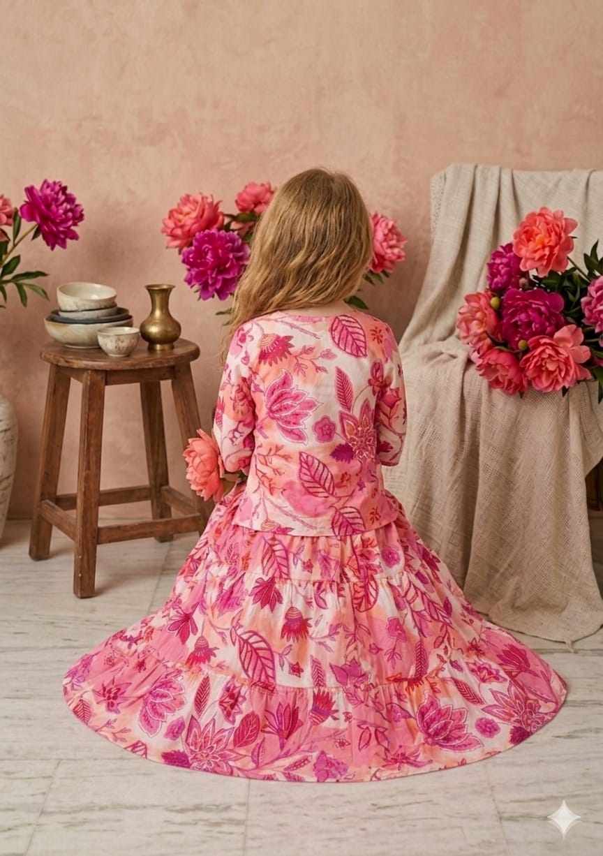 Baby Girls Pink Floral Printed Cotton Kurta with Flared Skirt Set