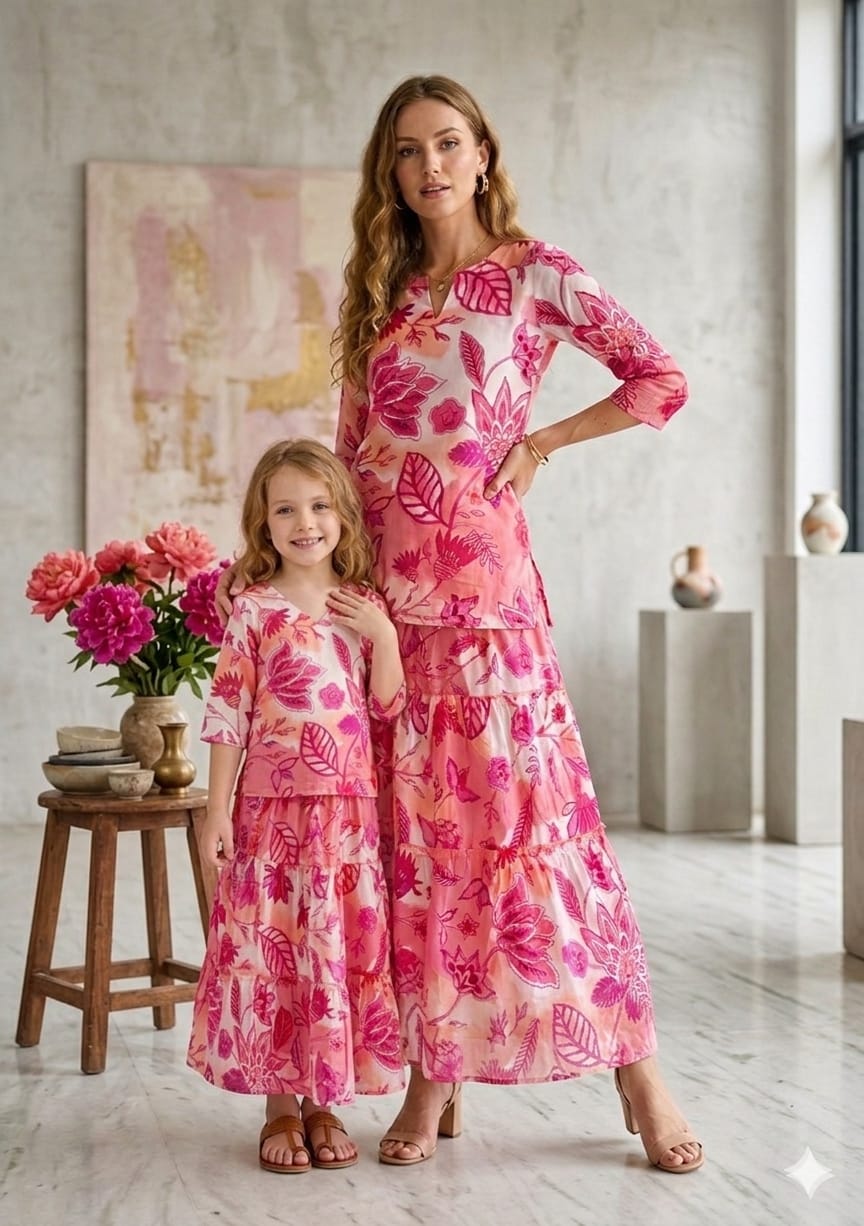 Mom & Me Pink Floral Printed Cotton Kurta with Flared Skirt Set
