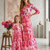 Mom & Me Pink Floral Printed Cotton Kurta with Flared Skirt Set