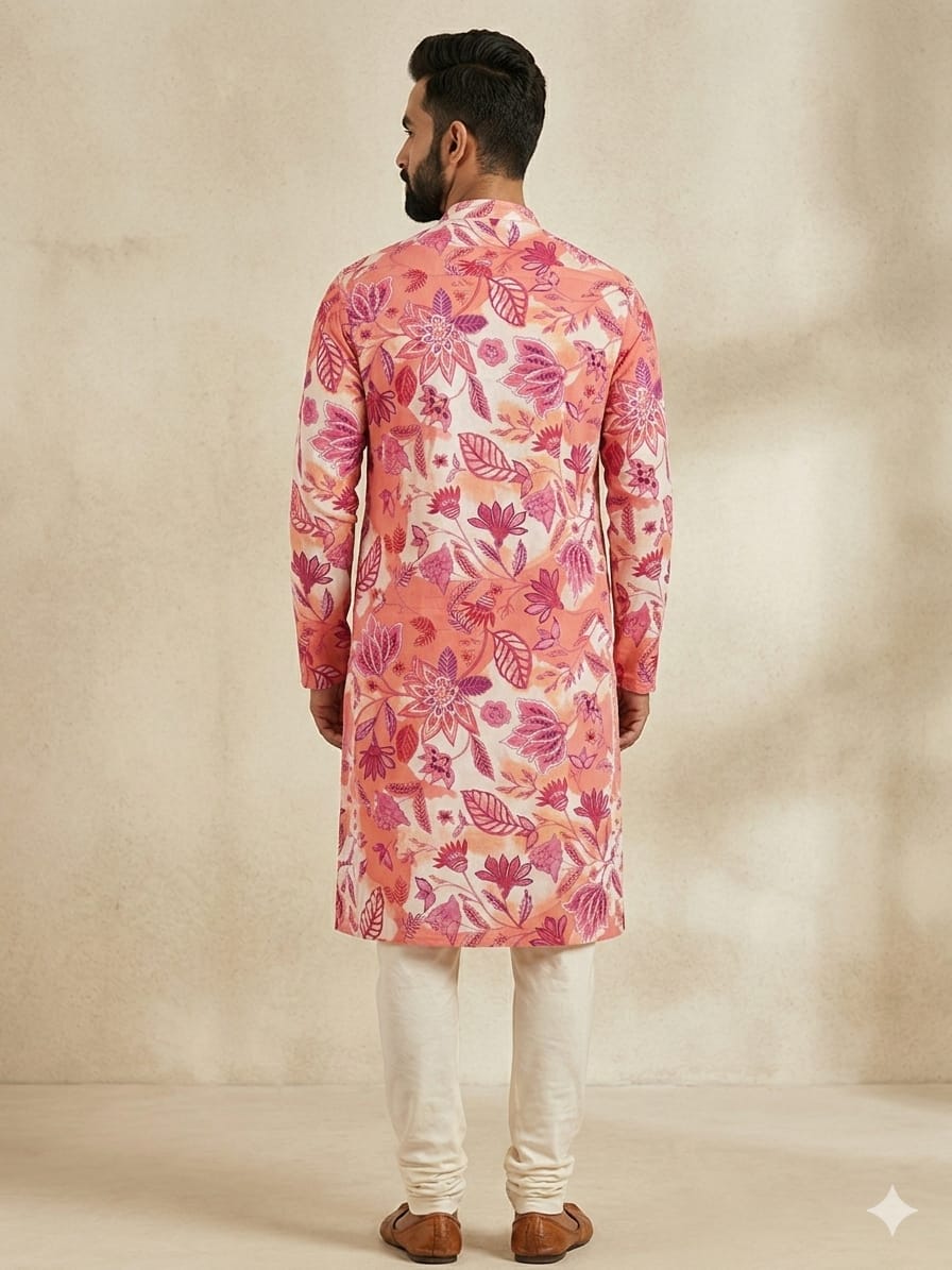 Men’s Cotton Pink Botanical Printed Kurta For Wedding & Festival Outfit