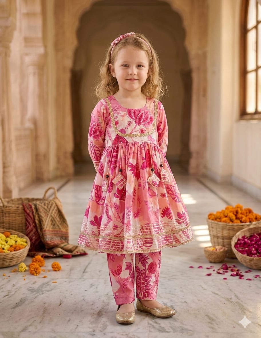 Baby Girl Pink Floral Print Cotton Anarkali Kurta Set