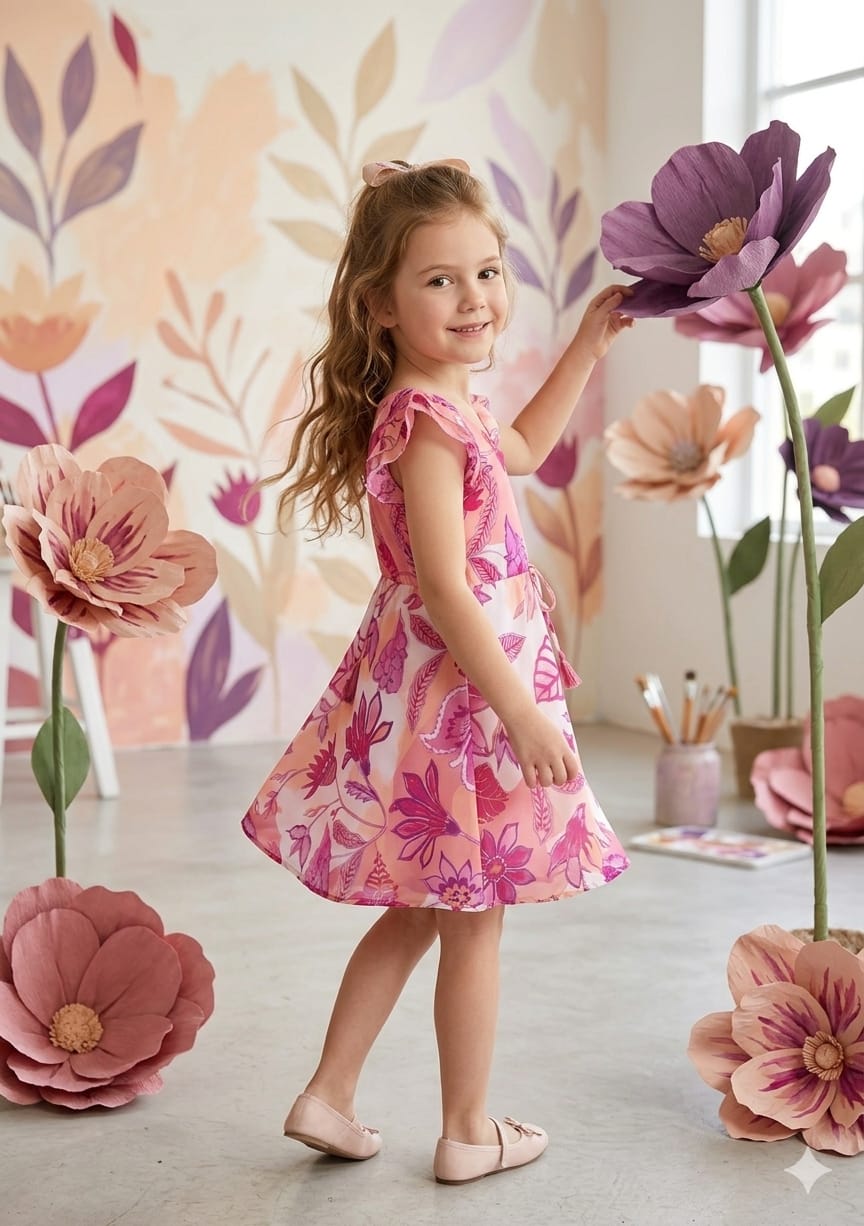 Baby Girls Pink Botanical Printed Cotton Umbrella Style A-Line Dress with Flutter Sleeves