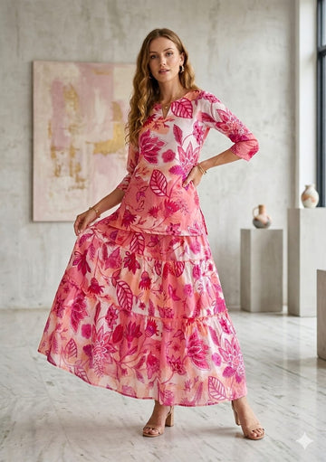 Women’s Pink Floral Printed Cotton Kurta with Flared Skirt Set