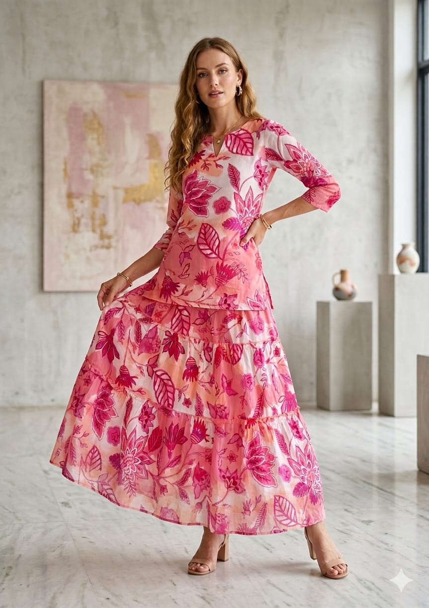 Mom & Me Pink Floral Printed Cotton Kurta with Flared Skirt Set