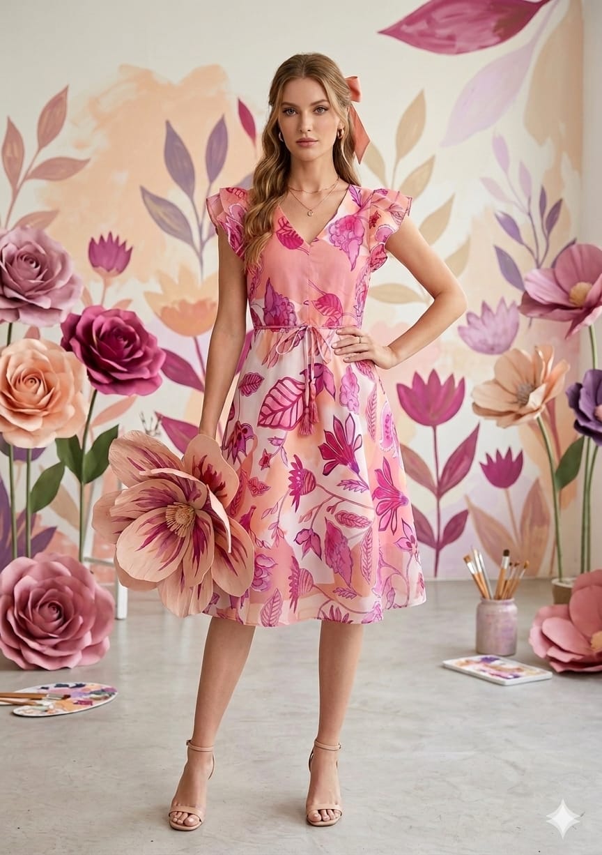 Women’s Pink Botanical Printed Cotton Umbrella Style A-Line Dress with Drawstring Waist