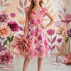Women’s Pink Botanical Printed Cotton Umbrella Style A-Line Dress with Drawstring Waist
