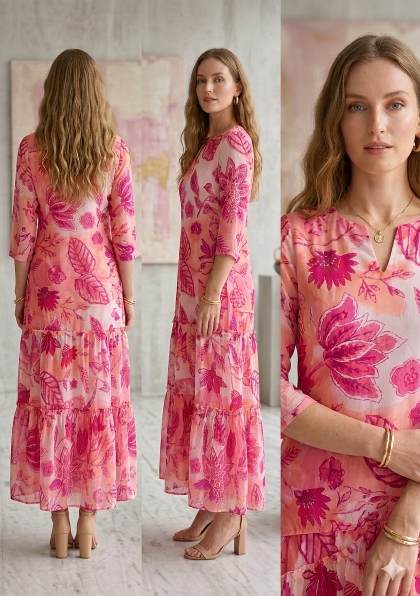 Women’s Pink Floral Printed Cotton Kurta with Flared Skirt Set
