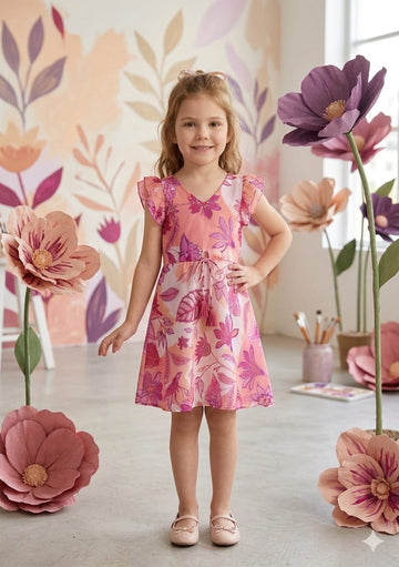 Baby Girls Pink Botanical Printed Cotton Umbrella Style A-Line Dress with Flutter Sleeves