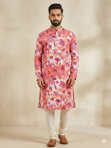 Men’s Cotton Pink Botanical Printed Kurta For Wedding & Festival Outfit