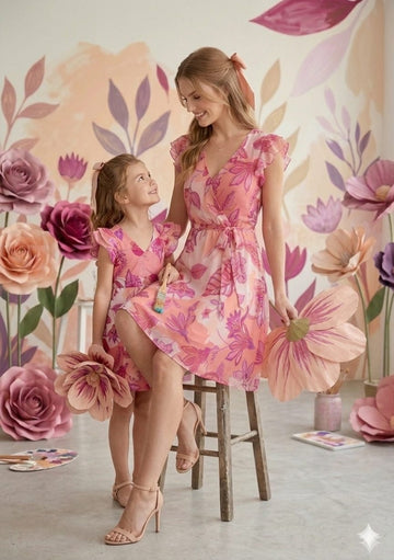 Mom & Me Pink Floral Printed Cotton Umbrella Style A-Line Dress with Drawstring Waist