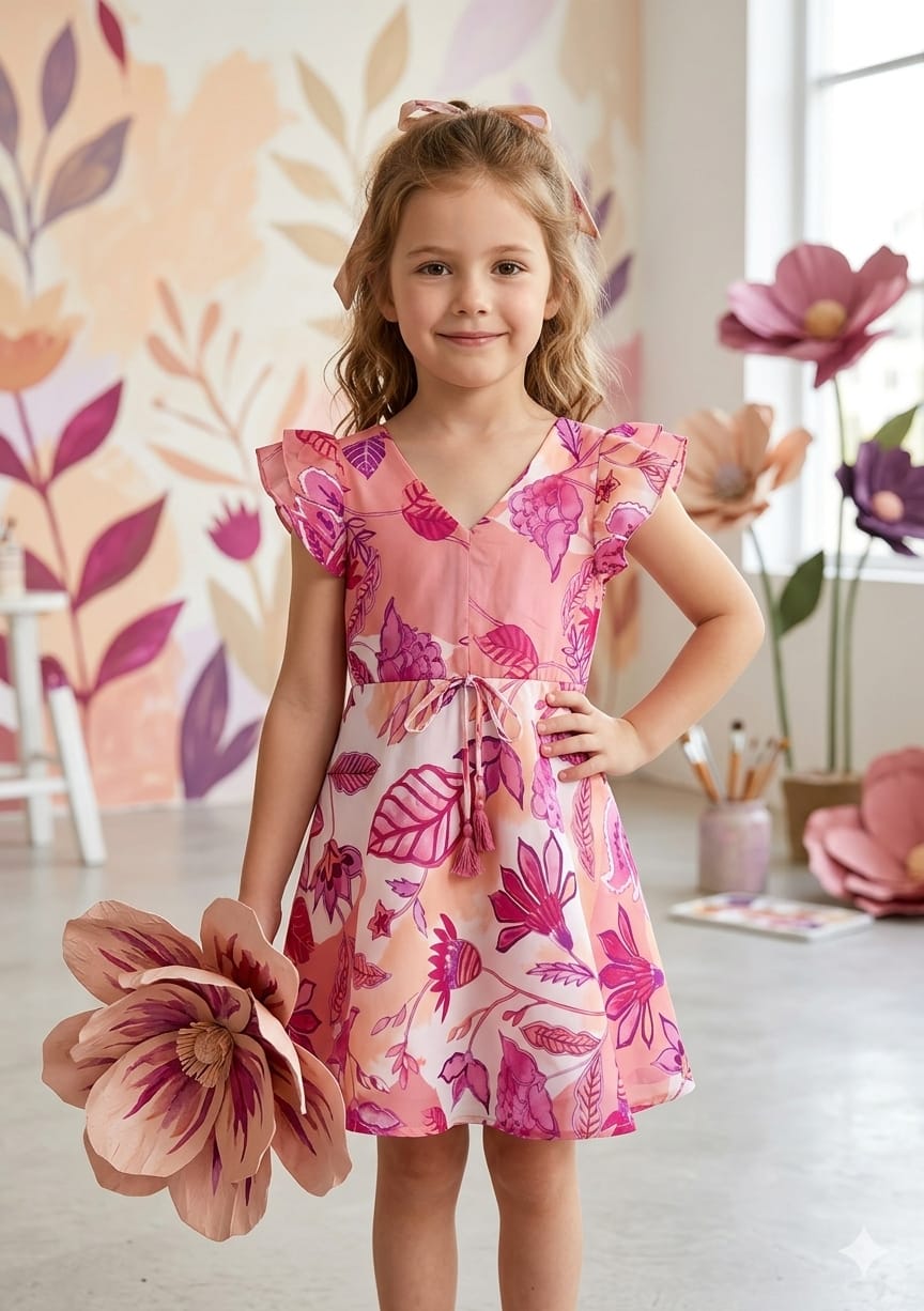 Baby Girls Pink Botanical Printed Cotton Umbrella Style A-Line Dress with Flutter Sleeves