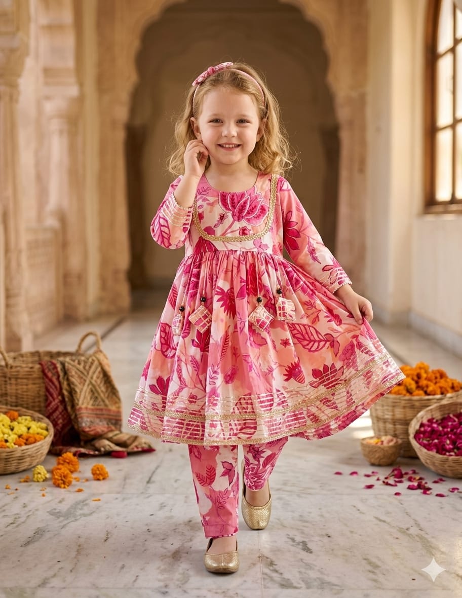 Baby Girl Pink Floral Print Cotton Anarkali Kurta Set