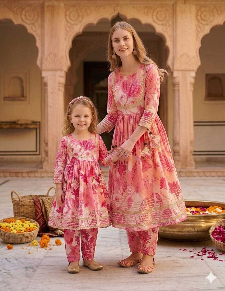 Mom & Daughter Pink Floral Print Cotton Anarkali Kurta Set