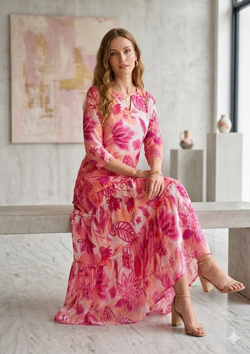 Mom & Me Pink Floral Printed Cotton Kurta with Flared Skirt Set