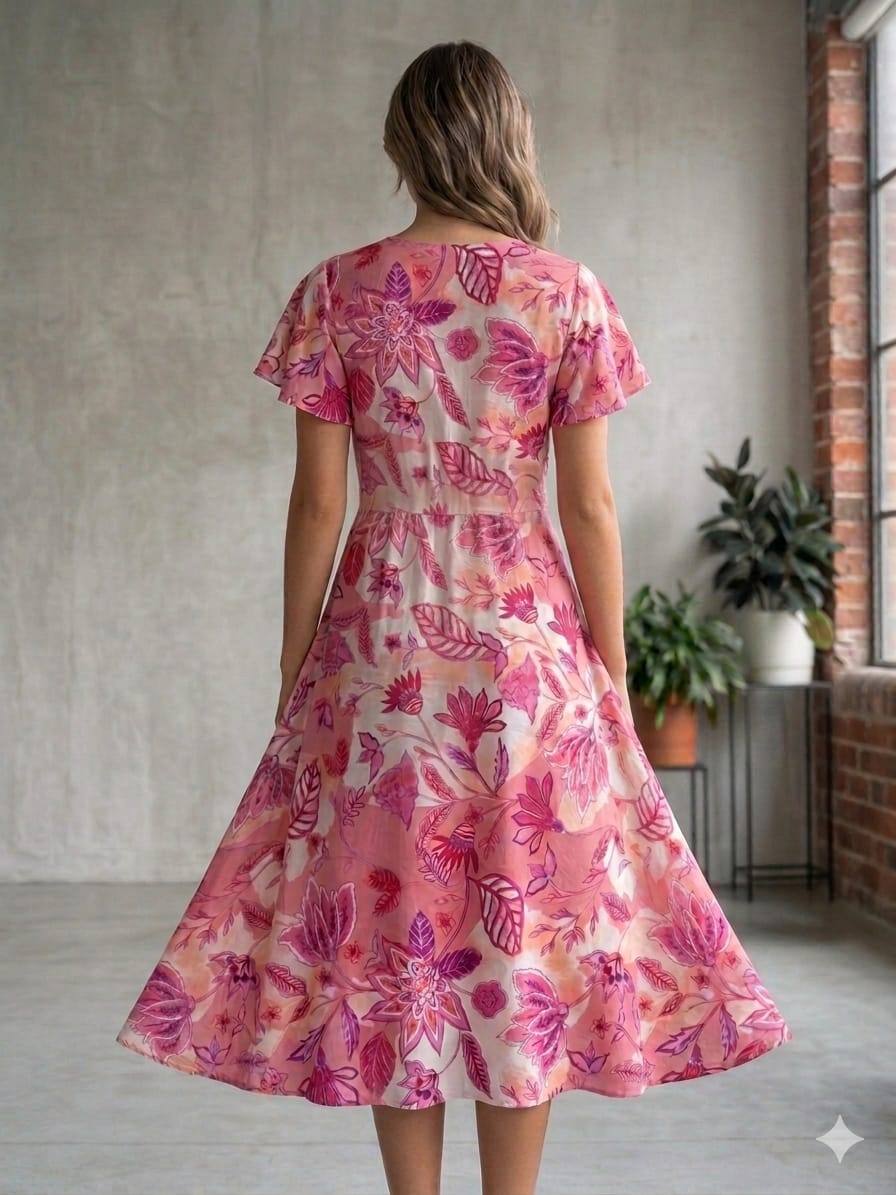 Women’s Cotton Pink Botanical Printed Umbrella Style A-Line Dress