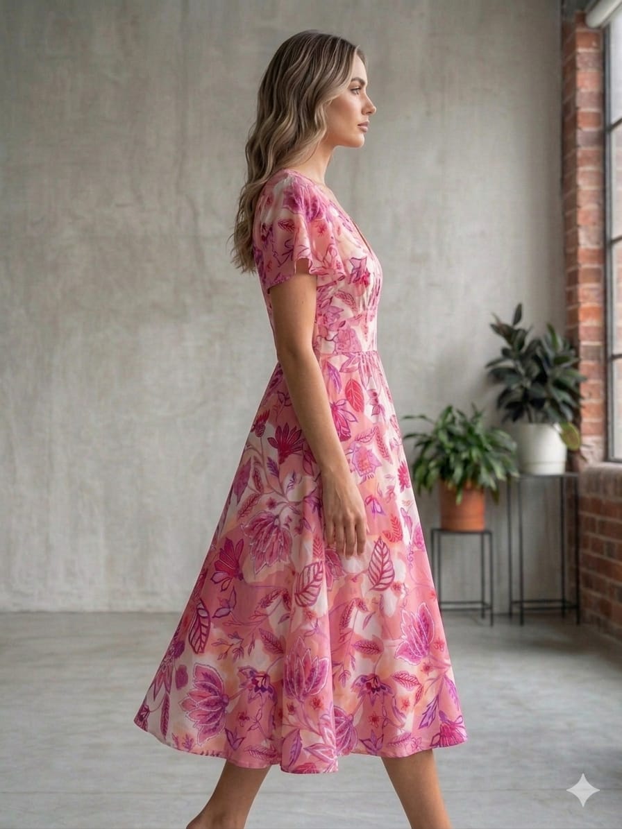 Women’s Cotton Pink Botanical Printed Umbrella Style A-Line Dress