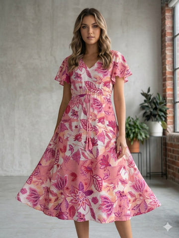 Women’s Cotton Pink Botanical Printed Umbrella Style A-Line Dress