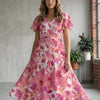Women’s Cotton Pink Botanical Printed Umbrella Style A-Line Dress