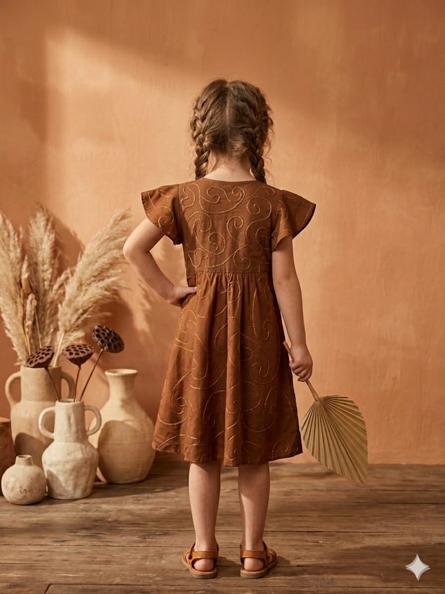 Baby Girls Brown Rayon Umbrella Style A-Line Dress with Drawstring Waist