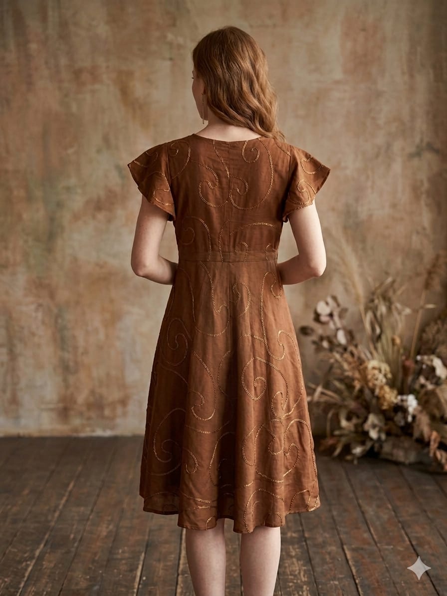 Women’s Brown Rayon Umbrella Style A-Line Dress with Drawstring Waist