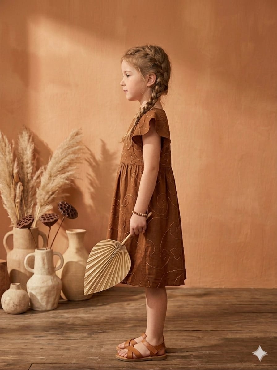 Baby Girls Brown Rayon Umbrella Style A-Line Dress with Drawstring Waist