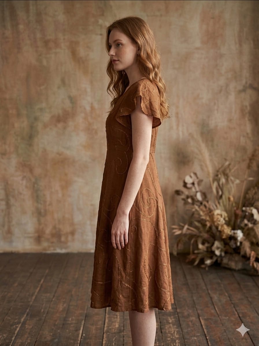 Women’s Brown Rayon Umbrella Style A-Line Dress with Drawstring Waist