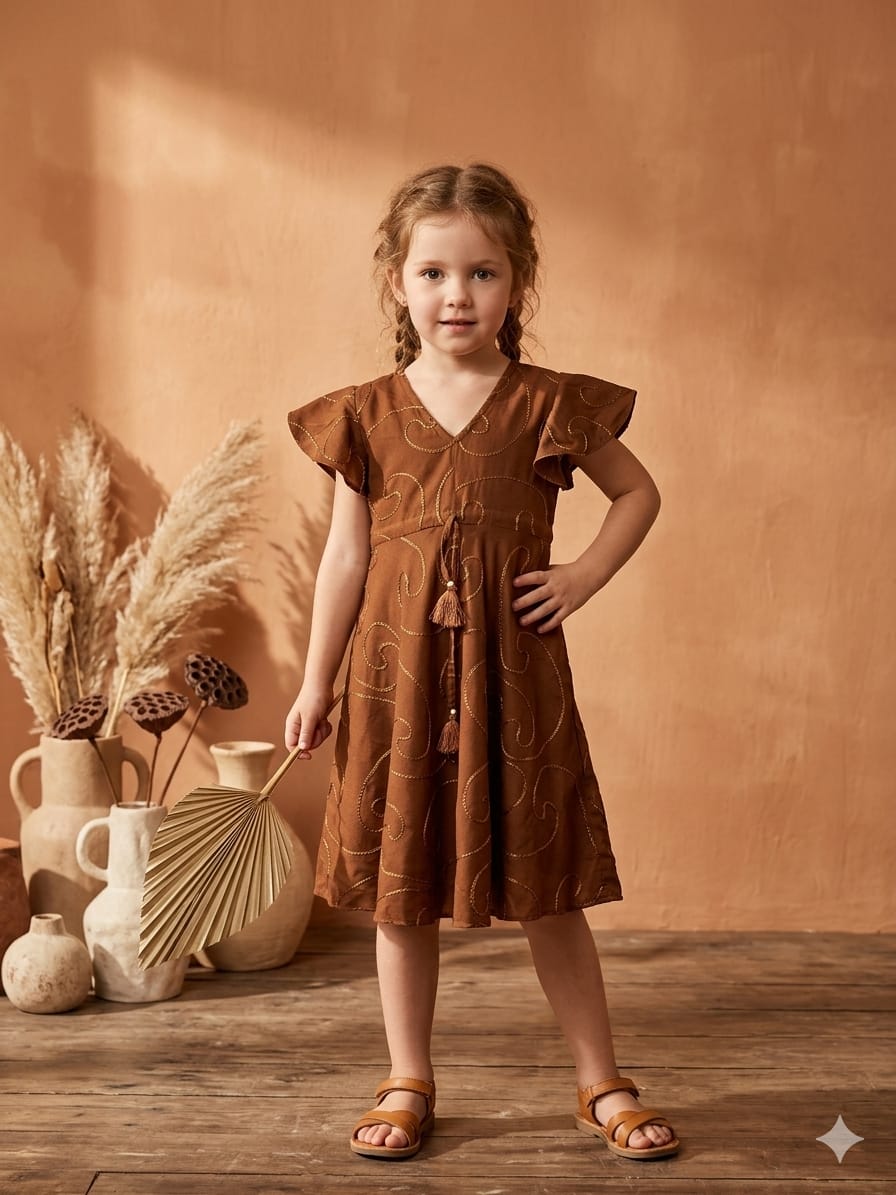 Baby Girls Brown Rayon Umbrella Style A-Line Dress with Drawstring Waist