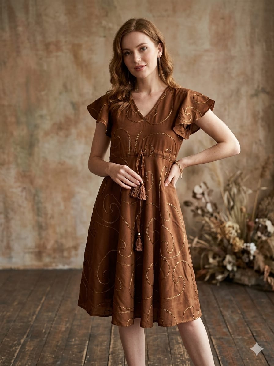 Women’s Brown Rayon Umbrella Style A-Line Dress with Drawstring Waist