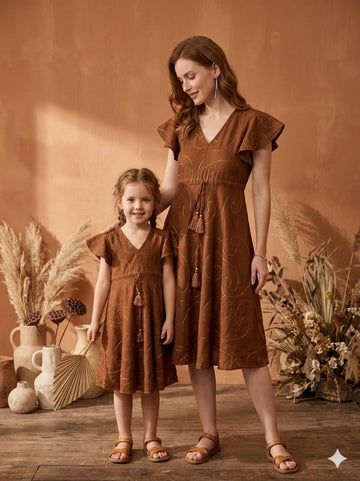 Mom & Me Brown Rayon Umbrella Style A-Line Dress with Drawstring Waist