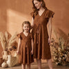 Mom & Me Brown Rayon Umbrella Style A-Line Dress with Drawstring Waist