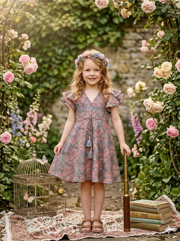 Baby Girls Dusty Rose Floral Printed Chanderi Umbrella Style A-Line Dress with Flutter Sleeves