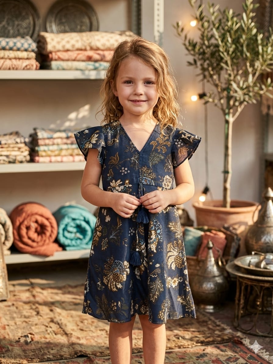 Mom & Me Blue Floral Printed Chanderi Umbrella Style A-Line Dress with Drawstring Waist