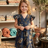Baby Girls Blue Floral Printed Chanderi Umbrella Style A-Line Dress with Flutter Sleeves