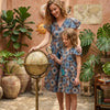 Mom & Me Blue Circular Printed Cotton Umbrella Style A-Line Dress with Drawstring Waist