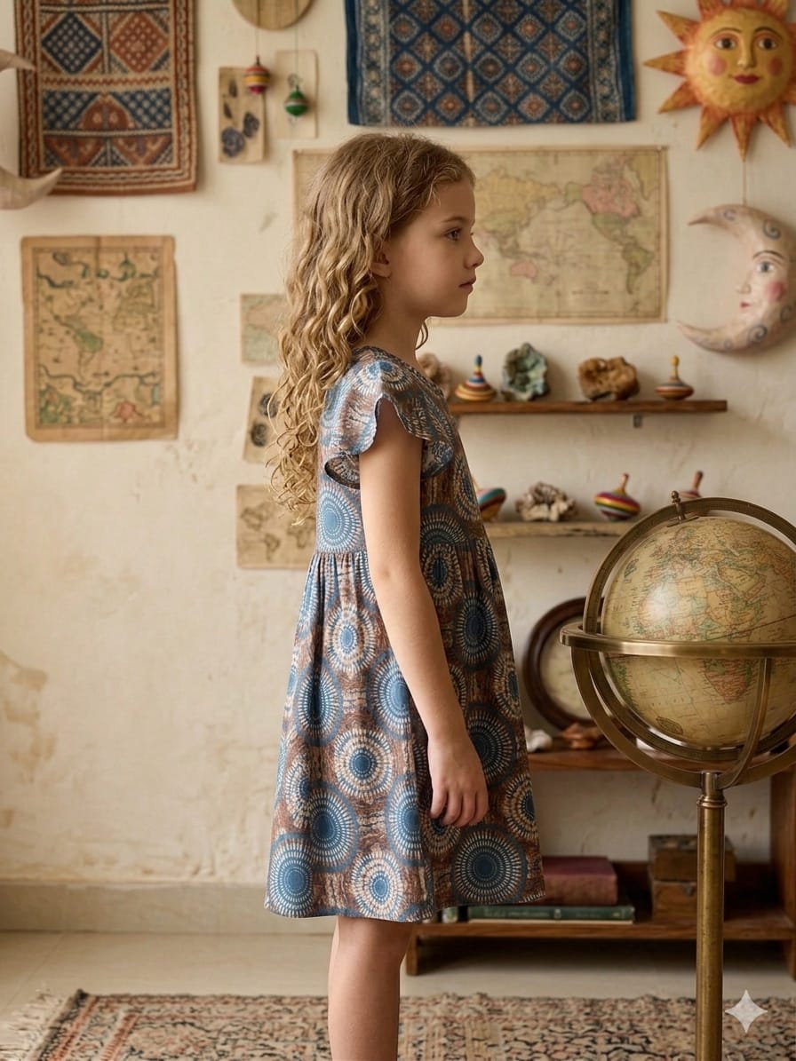 Baby Girls Blue Circular Printed Cotton Umbrella Style A-Line Dress with Flutter Sleeves