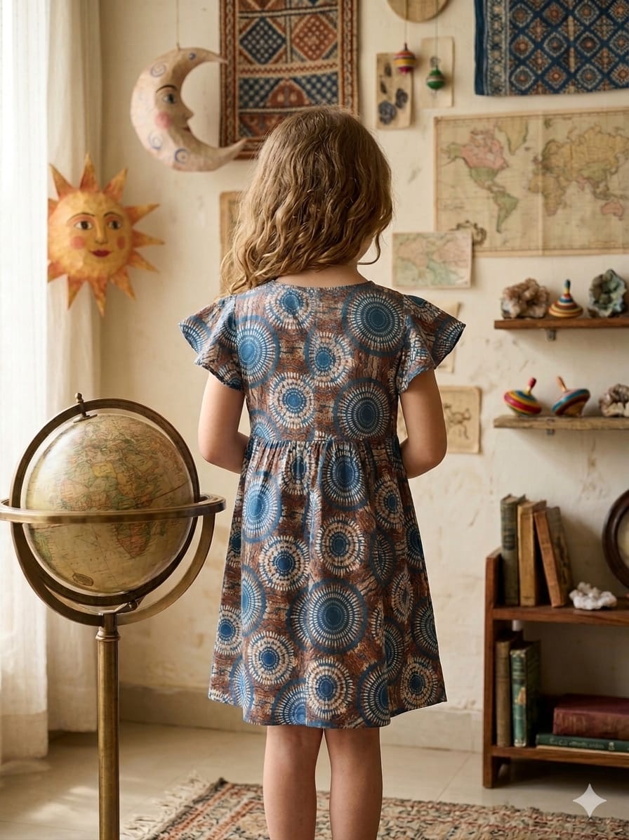 Baby Girls Blue Circular Printed Cotton Umbrella Style A-Line Dress with Flutter Sleeves
