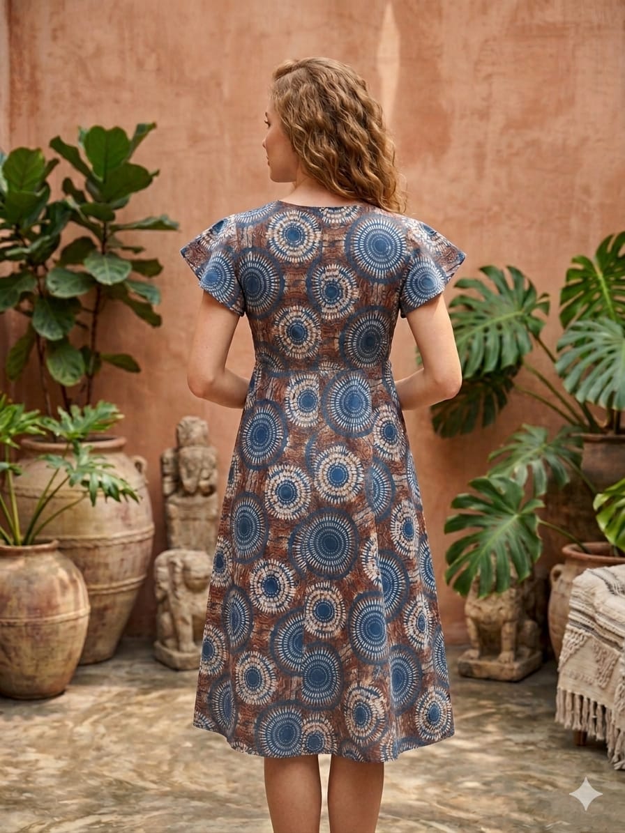 Women’s Blue Circular Printed Cotton Umbrella Style A-Line Dress with Drawstring Waist