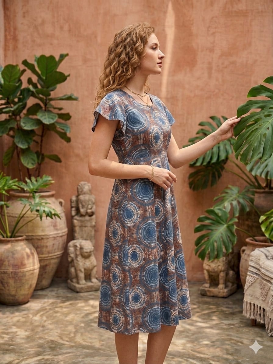 Women’s Blue Circular Printed Cotton Umbrella Style A-Line Dress with Drawstring Waist