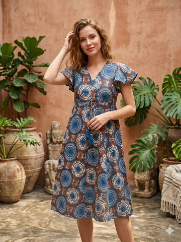 Women’s Blue Circular Printed Cotton Umbrella Style A-Line Dress with Drawstring Waist
