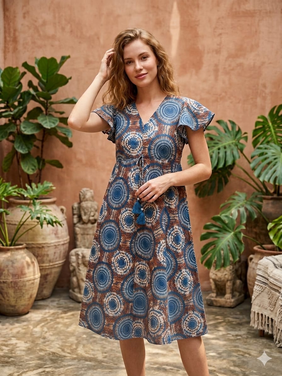 Women’s Blue Circular Printed Cotton Umbrella Style A-Line Dress with Drawstring Waist