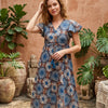 Women’s Blue Circular Printed Cotton Umbrella Style A-Line Dress with Drawstring Waist
