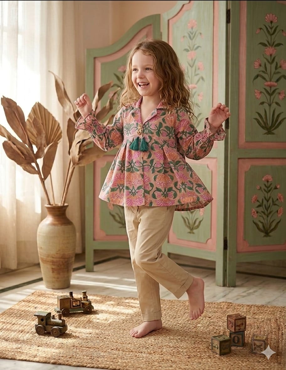 Baby Girls Floral Print Cotton Co-Ord Set with Beige Pant
